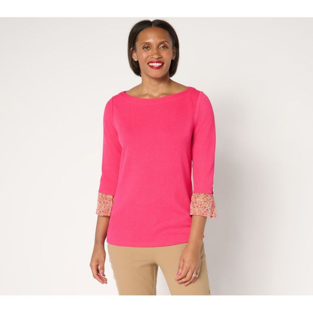 Isaac Mizrahi Live! Women's Top Plus Sz 1X Pebble Knit Printed Cuffs Pink